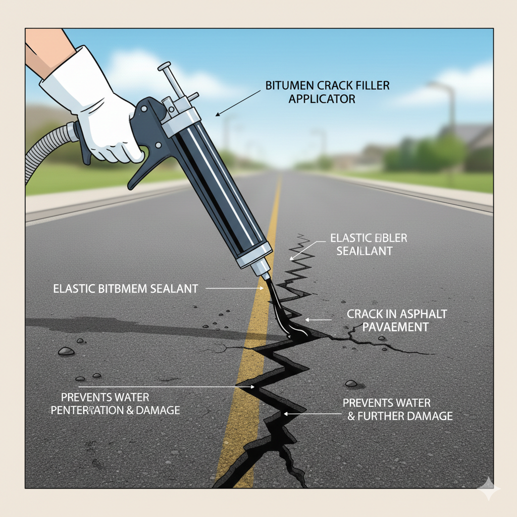Close-up of a sealed asphalt crack showing the flexible, waterproof bond of a bitumen filler after curing.